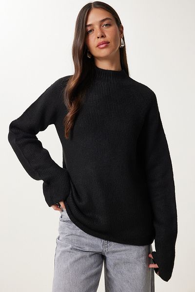 Happiness İstanbul Pulover de tricotaj oversize de bază negru pentru femei MX00237