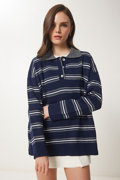Happiness İstanbul Women's Navy Blue Polo Neck Striped Knitwear Sweater Us01006