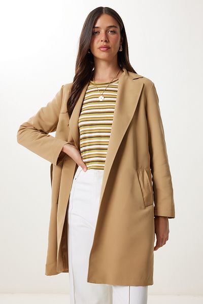 Happiness İstanbul Women's Biscuit Belted Short Woven Trench Coat Gp00027
