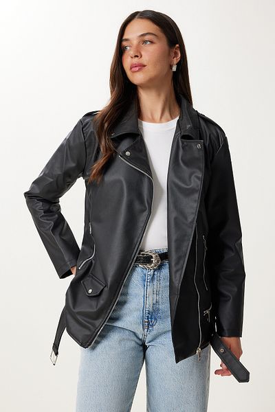 Happiness İstanbul Women's Black Belted Faux Leather Jacket Gz00005