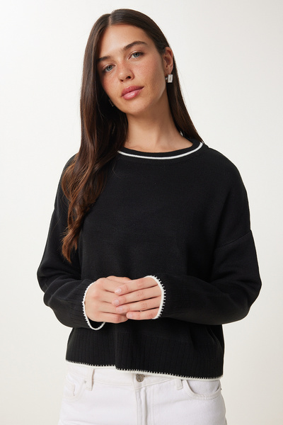 Happiness İstanbul Pulover tricot de bază negru pentru femei PF00010