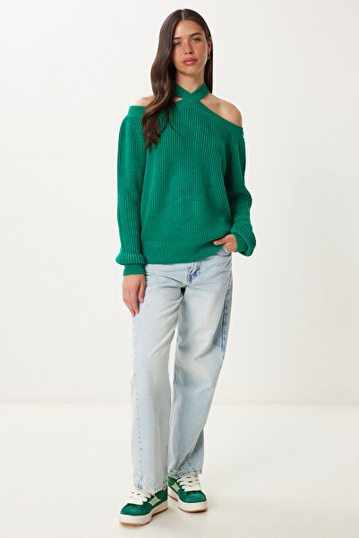 Happiness İstanbul Dámský tmavě zelený pletený svetr MX00118