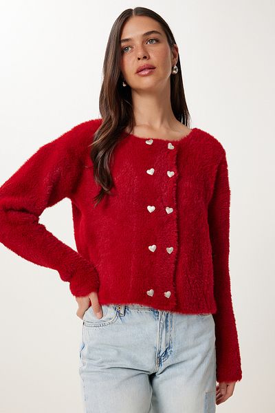 Happiness İstanbul Women's Burgundy Heart Buttoned Bearded Soft Knitwear Cardigan Cr00524
