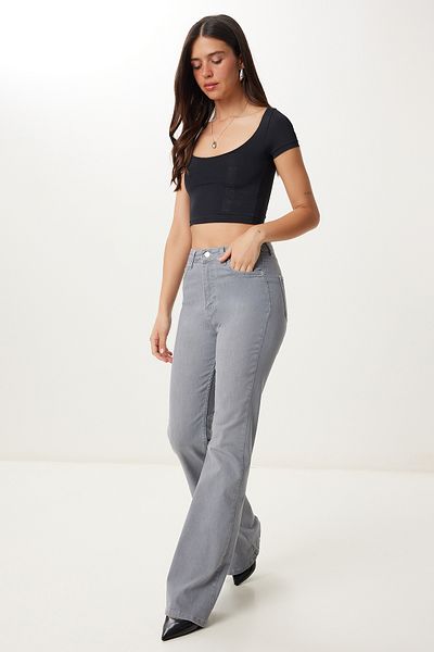Happiness İstanbul Graue Damen-Jeans mit weitem Bein aus Denim FQ00002