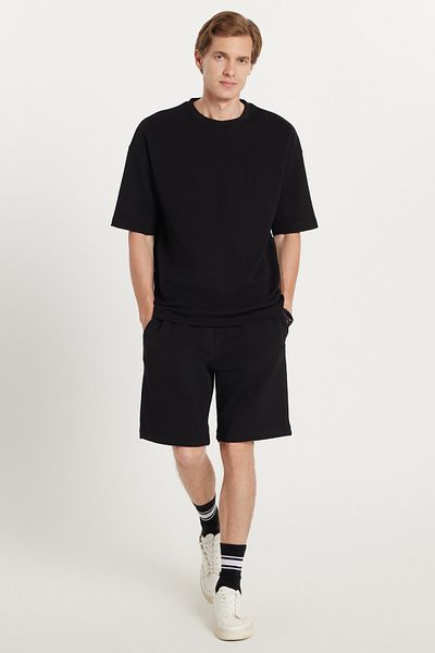 Tudors Men's Standard Fit 100% Cotton Crew Neck Waist Lace-Up Black Shorts Suit