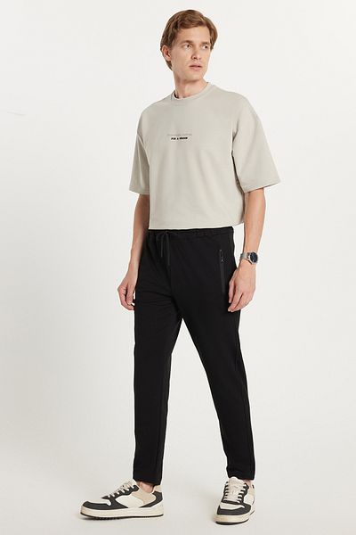 Tudors Unisex Standard Fit Βαμβακερές τσέπες με φερμουάρ με 2 νήματα Ελαστικό δέσιμο ίσιο μαύρο παντελόνι