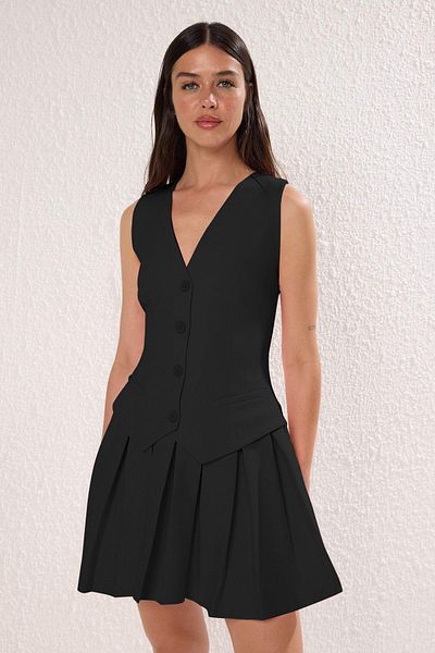 Trendyol Collection Black Plain Pleated Short / Mini Woven Dress Twoss25El00866