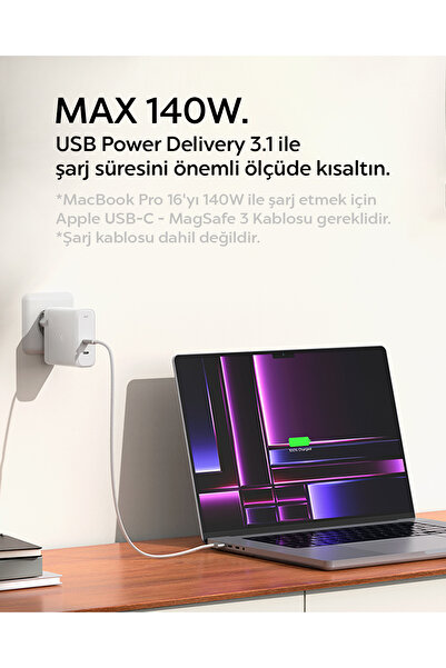 Spigen 140W USB-C 2 Port Mini Hızlı Şarj Aleti Samsung PPS 2.0/Isı Düşürücü GaN III Akım Korumalı  ACH06033