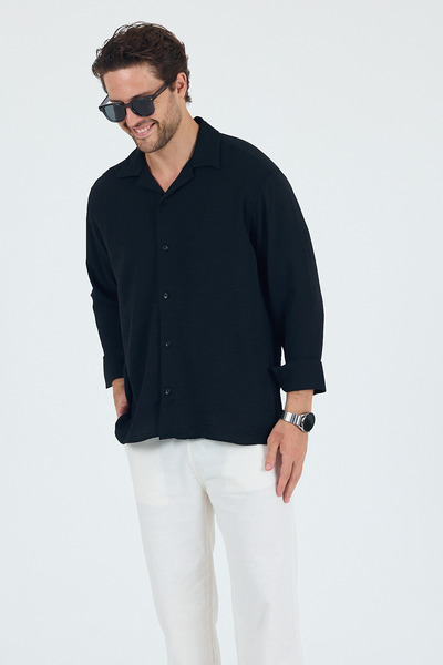 SKYMOOD Keten Dokulu Oversize Erkek Gömlek Siyah