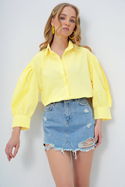 Trend Alaçatı Stili Kadın Sarı Balon Kol Gizli Patlı Basic Poplin Gömlek ALC-X9654