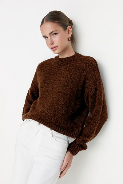 Trendyol Collection Кафяв широк плетен пуловер с мека текстура TWOAW23KZ00185