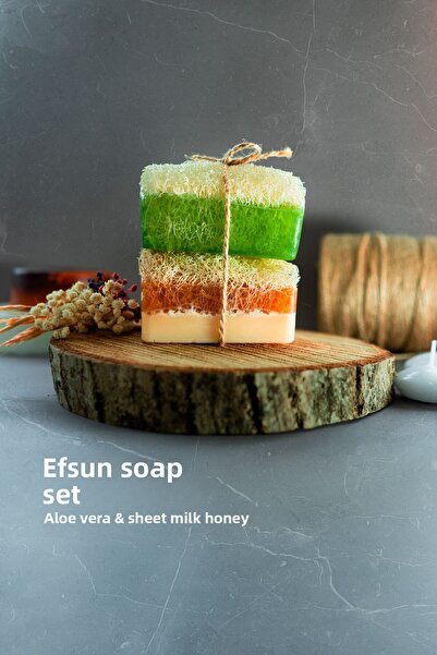 Efsun مجموعة فاخرة من قطعتين من صابون الحمار والحليب والعسل والصبار المصنوع يدويًا من ألياف اليقطين الطبيعية