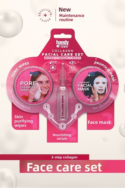 HandyTowel 3 Step Collagen Facial Care Set, Wipes, Serum, Mask