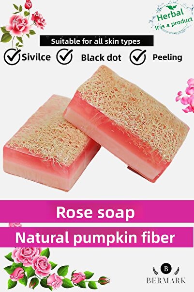bermark صابون الورد المصنوع يدويًا من ألياف اليقطين الطبيعية مع الجلسرين 1 قطعة