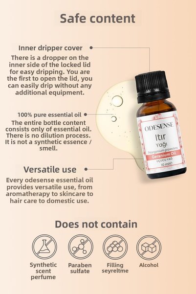 ODESENSE Geranium Essential Oil 10 ml 100% Natural and Pure Content Bottle with Dropper Cap Additive-Free Content