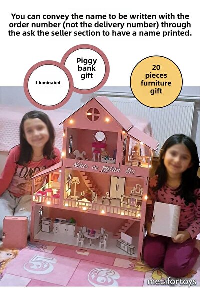 metafortoys منزل ألعاب خشبي مضاء مقاس 60 سم (وردي)