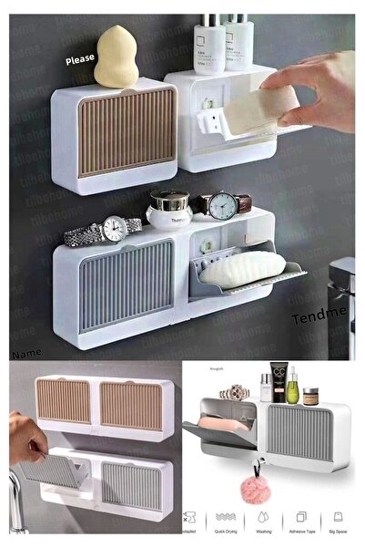 BEYZANA Adhesive Double Compartment Soap Dish with Lid Self Draining Waterproof Solid Soap Holder Soap Box