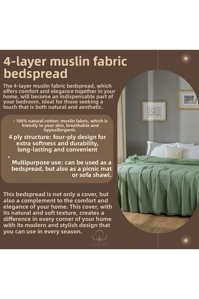 OTEXSA Light Gray Muslin Bedspread 4 Layers - Pike (200X220Cm)