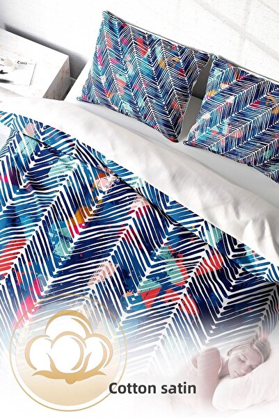 PerlaSera Τρισδιάστατο Προσαρμοσμένο Σχέδιο - Σετ Παπλωματοθήκη από Βαμβακερό Σατέν Διπλό, Μπλε σχέδιο