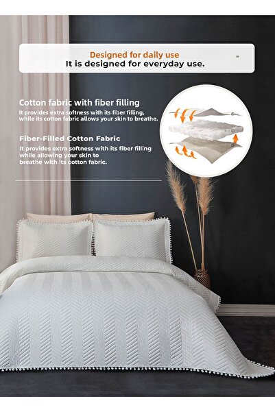 Evlen Home Collection Ollie Double Pompom Quilted Bedspread - 100% Cotton, White Cream