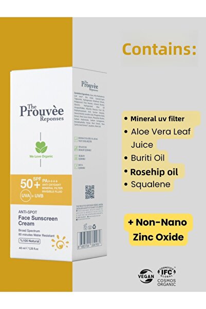 The Prouvee Reponses 100% Natural 50+ SPF Anti-Spot Organic Sun Protection Cream for Face 40 ml