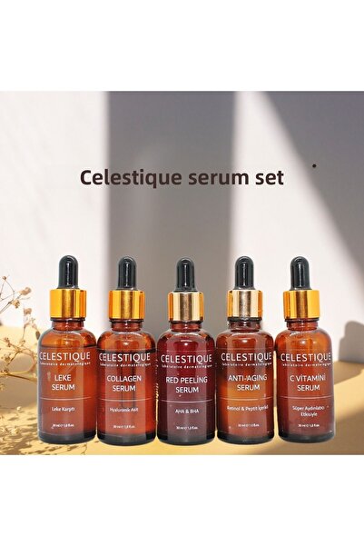 CELESTIQUE مجموعة سيروم مكونة من 5 قطع (مضاد للشيخوخة، تقشير أحمر، فيتامين C،...