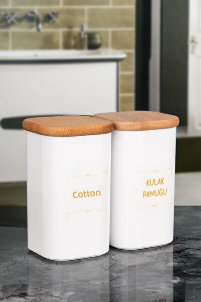 Lizzy Bumbac alb pentru urechi - 2 bucăți cu capac din lemn, borcan pentru aț...