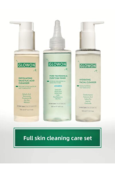GLOWON مجموعة العناية المميزة لشد وتنظيف المسام مع محتوى Aha/bha مكونة من 3 قطع