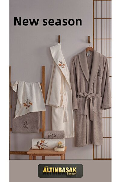 Altınbaşak 3D Embroidered Bamboo Family Bathrobe Set (Contains 40% Bamboo Fiber)