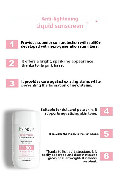 SİNOZ SPF50 Pink Touch – opalovací krém na obličej, rozjasňující kapalina, sluneční filtry nové generace, hybridní složení 50 ml