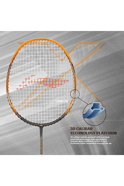 Li-Ning 3D Calibar X Drive Carbon Graphite Strung Racquet, 82g Free Full cover (Dark Grey/Gold)