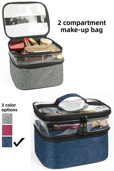 Ankaflex حقيبة العناية بالمكياج للنساء، مجموعة سفر يومية مكونة من حجرتين منظم مستحضرات التجميل الشفاف باللون الأزرق