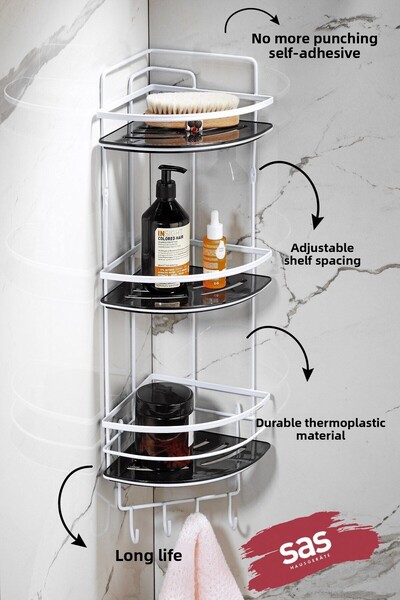 Sas Haus Hanging Bathroom Organizer with Stainless Crystal and Shelf - Adhesiveness Corner Lk-03 Bsbk