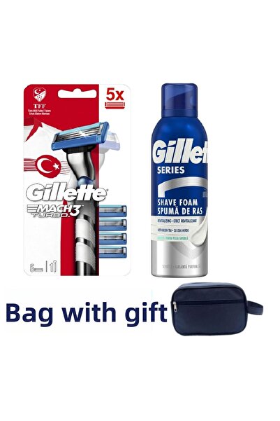 Gillette ماكينة Mach3 Turbo ثلاثية الأبعاد 5 قطع شفرات حلاقة بديلة، كيس رغوة ...