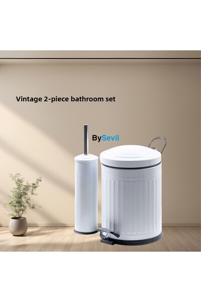 BySevil Vintage Λευκό Σετ Κάδος Απορριμμάτων 2 τεμαχίων Σετ Μπάνιου Ριγέ Μοντέλο 5 Λίτρων και Σετ Βούρτσας Τουαλέτας