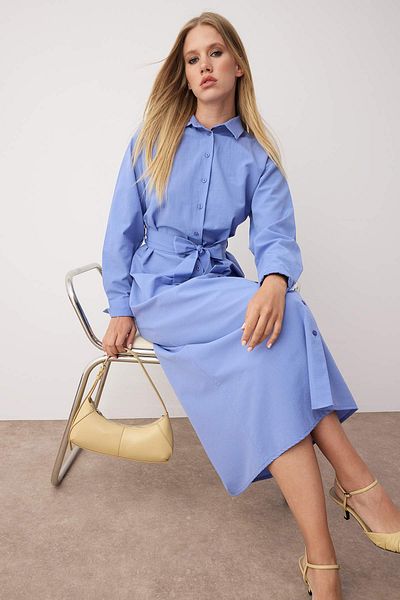 Trendyol Modest Λιλά Ζωνάρι Μανίκια Μανσέτα Κουμπί Βαμβακερό Πλεκτό Πουκάμισο Φόρεμα TCTSS23EB00072