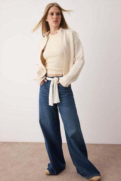 Trendyol Collection Mink Zipper Stand Collar Soft Textured Sequined Knitwear Cardigan Twoaw26Hi00053