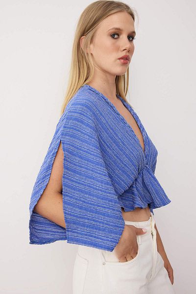 Trendyol Collection Blue Textured Fabric Flounced Woven Blouse Twoss24Bz00480