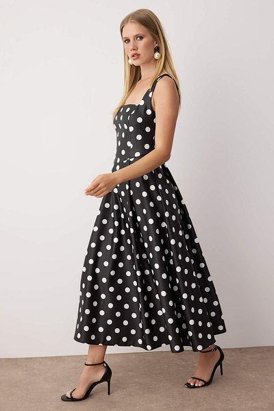 Trendyol Collection Black-And-White Polka Dot A-Line Satin Woven Stylish Evening Dress Night Homecoming Dress Tpraw25El00040