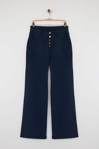 Trendyol Collection Navy Blue Button Detailed High Waist Wide Leg Comfort Stretch Jeans Twoaw26Je00017