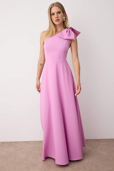 Trendyol Collection Pink Plain Bowknot Woven Finike Maxi Evening Dress & Homecoming Dress