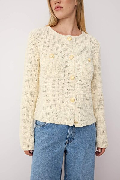 Trendyol Collection Ecru Textured Cotton Blended Knitwear Cardigan Twoaw26Hi00101
