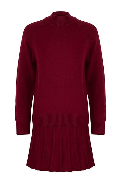 Trendyol Collection Burgundy Pleated Skirt Knitwear Bottom-Top Suit Twoaw23Au00184