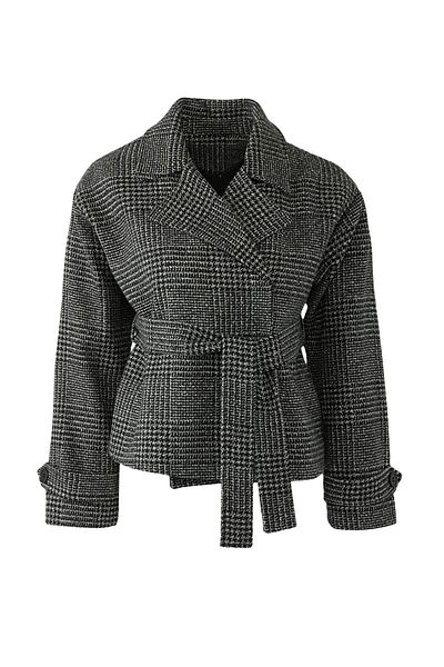 Trendyol Collection Dark Gray Plaid Pattern Regular Fit Belted Cashmere Slim Jacket Coat Twoaw26Mo00134