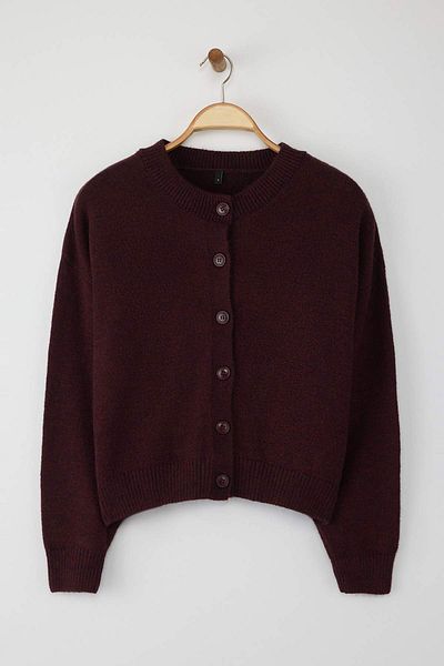 Trendyol Collection Burgundy Alpaca Wool Blended Wide Fit Knitwear Cardigan Twoaw26Hi00089