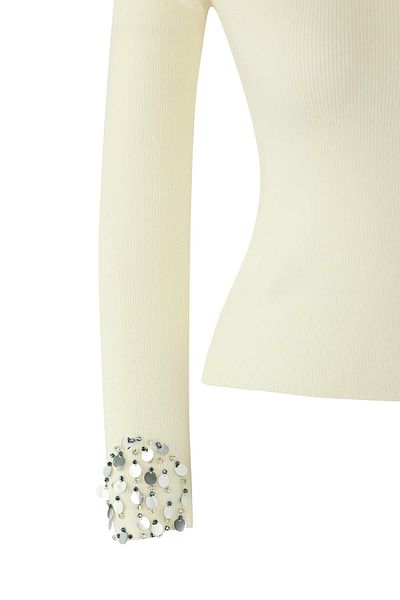 Trendyol Collection Ecru Premium Yarn/Special Yarn Asymmetric Collar Sleeve Edge Sequined Knitwear Sweater Twoaw26Kz00020