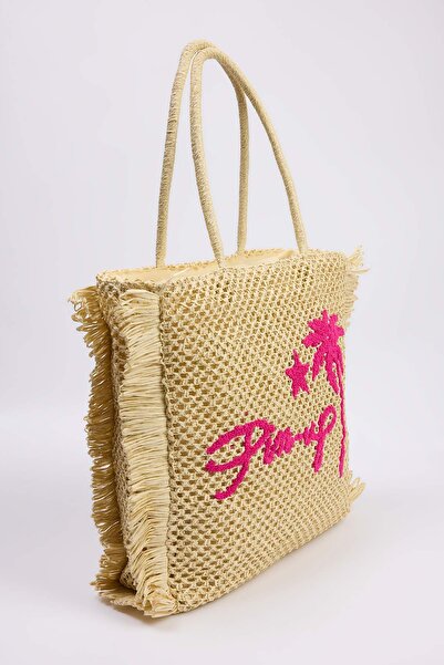 TRENDYOL SHOES Beige Embroidered Tassel Detailed Straw Women's Maxi/Large Tote Shoulder Bag Takss25Oc00049