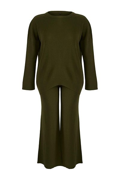 Trendyol Curve Khaki Corduroy Crew Neck Knitwear Sweater Pants Set Tbbaw23Cp00044