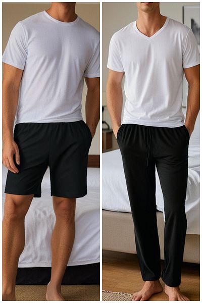 Elemge Ανδρικό σετ 2 τεμαχίων Μαύρες πιτζάμες και σορτς Βαμβακερό χτενισμένο βαμβακερό άνετο καλούπι με τσέπες Αντιιδρωτικό ελαστικό εύκαμπτο