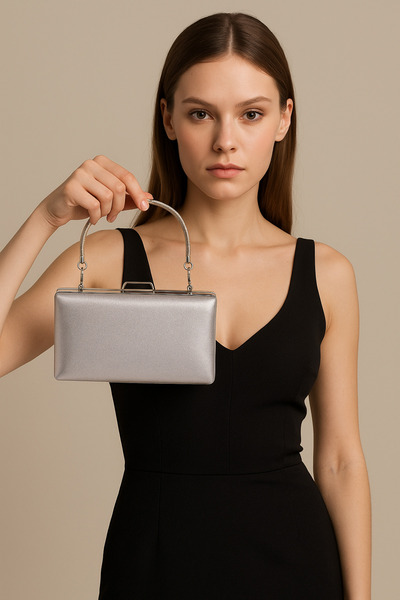 Biçanta حقيبة فستان سهرة نسائية من الساتان اللامع باللون الرمادي الفضي لحفلات...